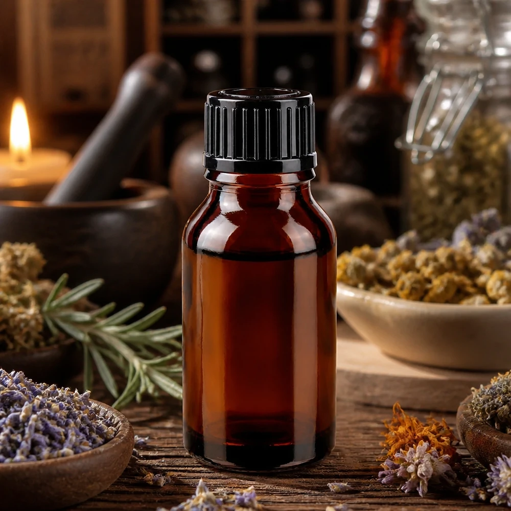 Apothekenflasche 15ml Braunglas schwarz verschlossen auf Holz mit Rosmarin und Kamillenblüten