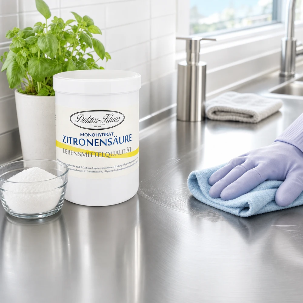 Zitronensäure Monohydrat Doktor-Klaus 1kg Dose neben Basilikumpflanze in heller Küche