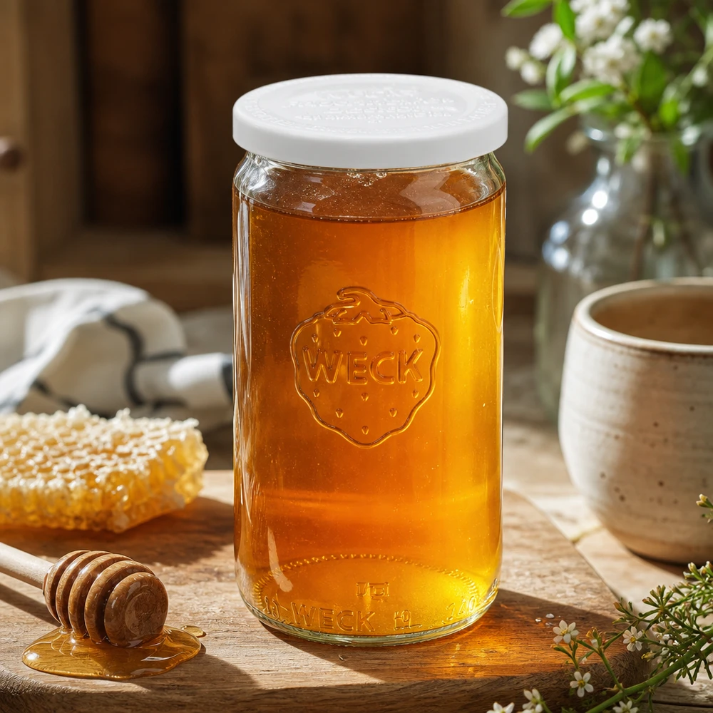 340ml Zylinderglas mit Frischedeckel WECK RR60 WECK 340ml Zylinderglas mit Honig gefüllt und weißem Frischedeckel RR60 auf Holztisch mit Honiglöffel
