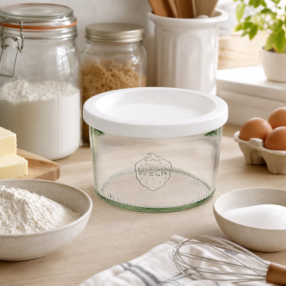 200ml Sturzglas mit Frischedeckel WECK RR80 WECK Sturzglas 200ml RR80 in stylischer Küchenszene mit Backzutaten Mehl Eier für Backen und Vorratshaltung