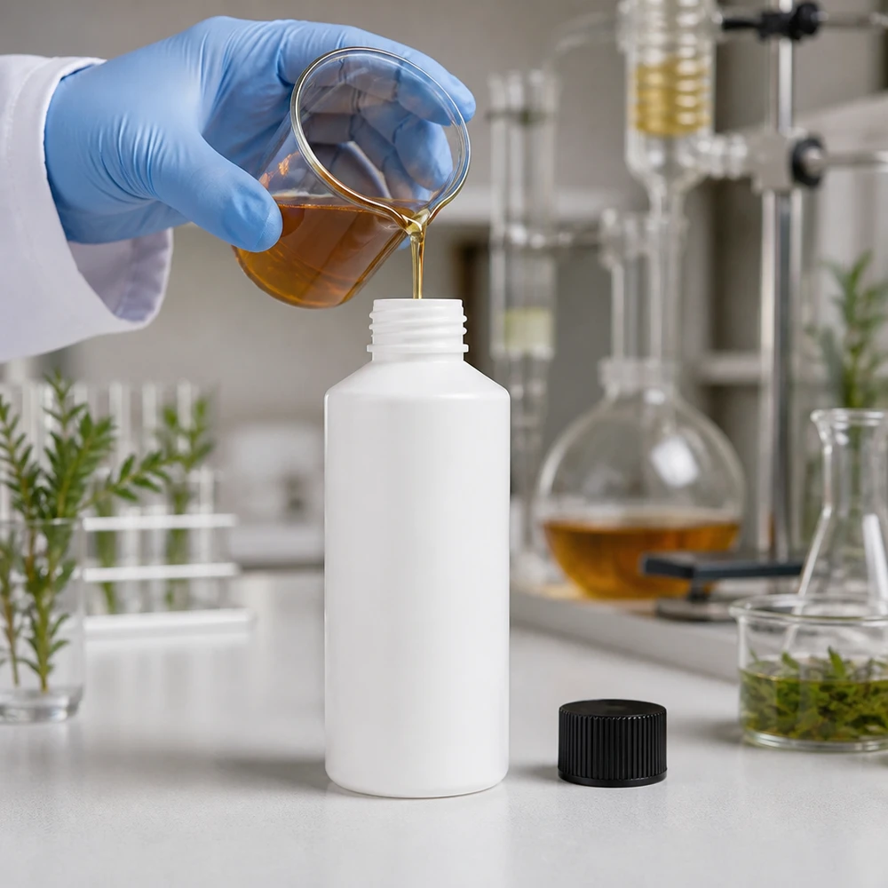 Apothekenflasche HDPE 100ml weiß, mit schwarz Schraubverschluss Befüllung einer weißen 100ml HDPE Flasche mit goldfarbenem Pflanzenextrakt im Laborumfeld