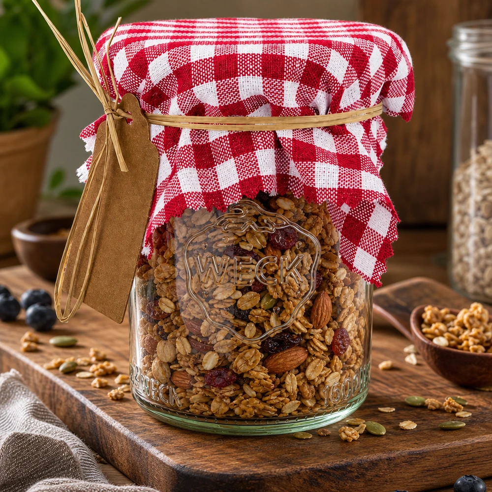 Stoff Schmuckdeckchen bordeaux-kariert 12cm eckig Bordeaux-kariertes Schmuckdeckchen 12cm dekoriert Einmachglas mit Müsli-Mix in gemütlicher Landhaus-Küche