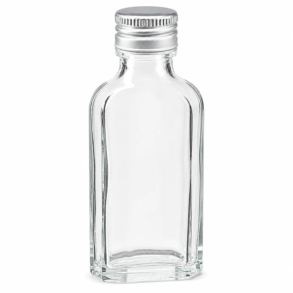 Kleine flache Glasflasche 50ml transparent mit Schraubverschluss Aluminium silber PP22