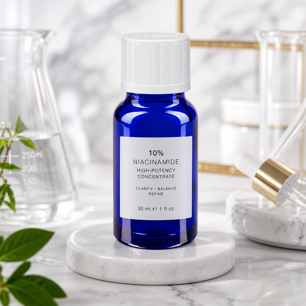 Apothekenflasche blau 10ml Tropfverschluss weiß Kindersicherung Standard Kobaltblaue 10ml Glasflasche mit 1,2mm Tropfeinsatz auf Marmorsockel im Labor-Styling