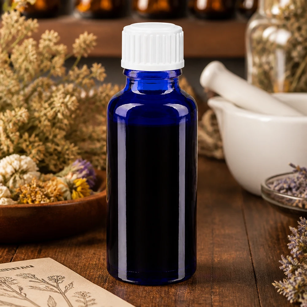 Apothekenflasche blau 30ml Schraubverschluss weiß Globuli Standard Kobaltblaue Apothekerflasche 30ml GR STD neben Mörser und Pistill für Naturheilkunde