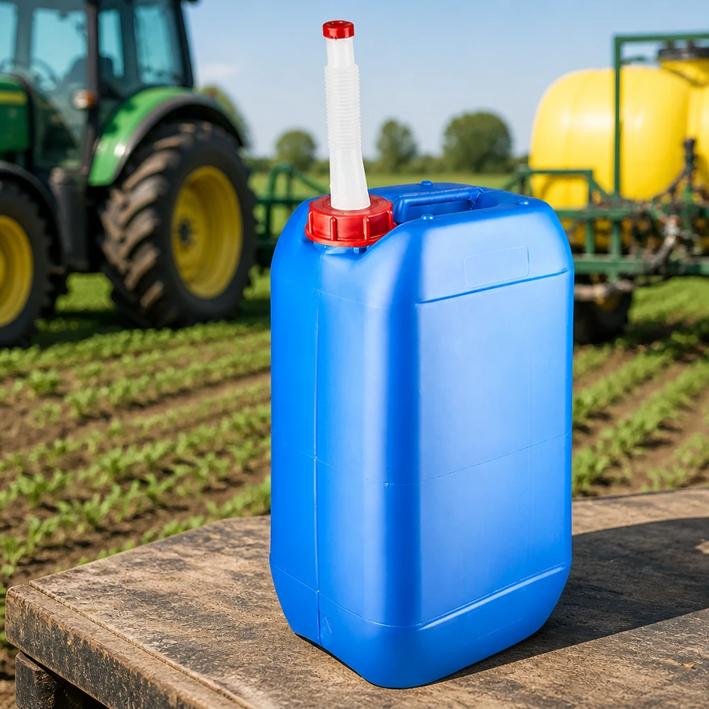 Kanister 15 Liter blau mit Auslaufrohr Flex Landwirtschaftlicher Kanister 15L blau mit Flex-Ausgießer vor Traktor und Feldspritze