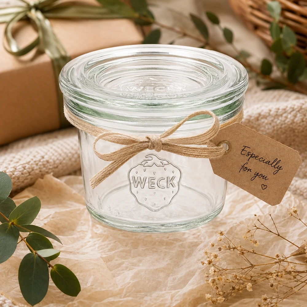 35ml WECK Sturzglas RR40 als Geschenk dekoriert mit Schleife und Anhänger in natürlichem Ambiente mit Pflanzen
