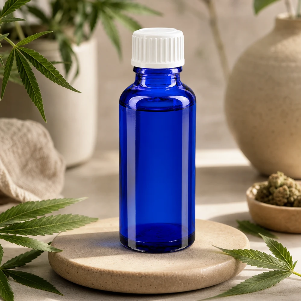 Kobaltblaue 30ml Tropfflasche ApoGlas Standard neben Cannabis-Blättern und getrockneten Blüten