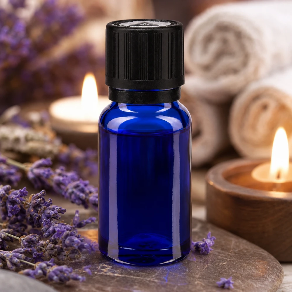 Kobaltblaue Apothekerflasche 10ml mit kindersicherem Schwarzverschluss für ätherische Öle