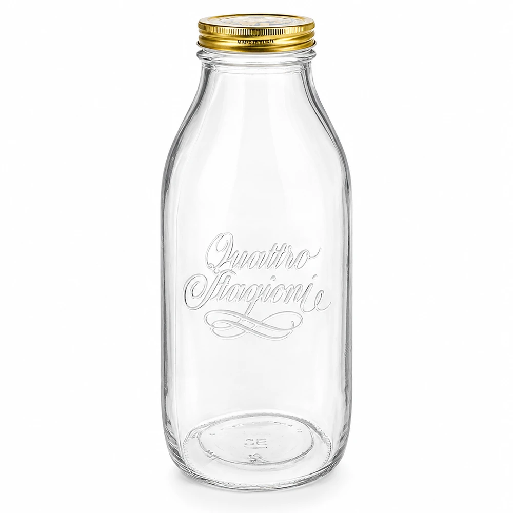 1000ml Glasflasche Quattro Stagioni mit goldenem Schraubdeckel, transparent mit eleganter Schrift, Milchflasche Design
