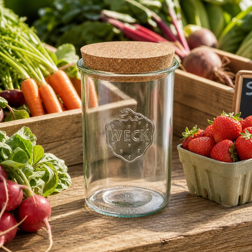 WECK Sturzglas 1000ml mit Korkdeckel zwischen frischem Gemüse und Erdbeeren natürliche Küchenästhetik Vorratsglas
