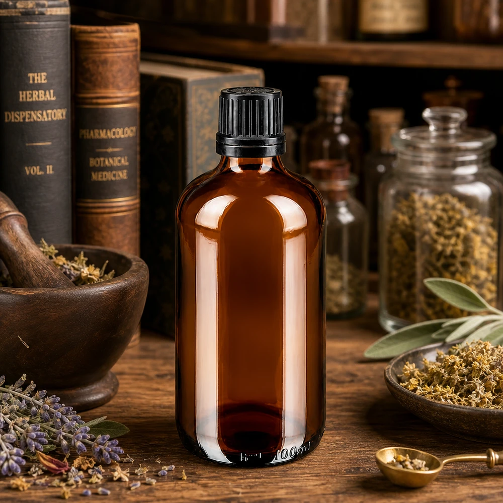 Apothekenflasche braun 100ml Schraubverschluss schwarz Giessring Originalitätsverschluss Kleine 100ml Braunglasflasche GR mit 8mm OV-Verschluss zwischen getrockneten Heilkräutern