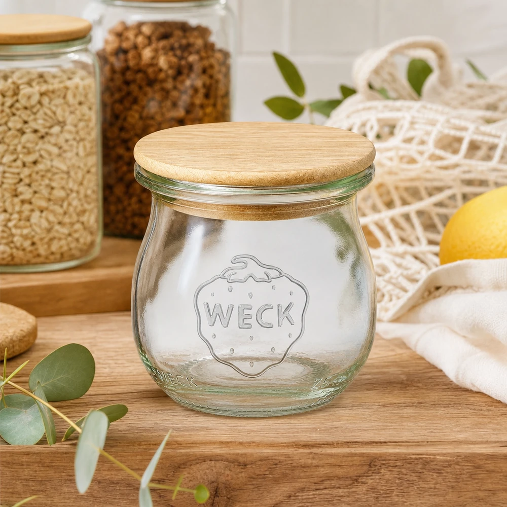 75ml Tulpenglas WECK RR40 mit Holzdeckel WECK Tulpenglas 75ml RR40 leer mit Holzdeckel in nachhaltiger Küche zwischen Vorratsgläsern und Einkaufsnetzen