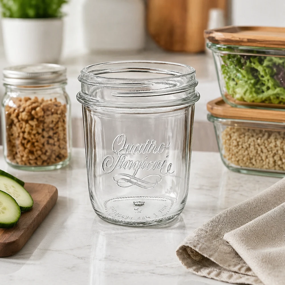320ml Sturzglas Quattro Stagioni mit eleganter Prägung in moderner Küche für Einmachen und Aufbewahrung von Lebensmittel