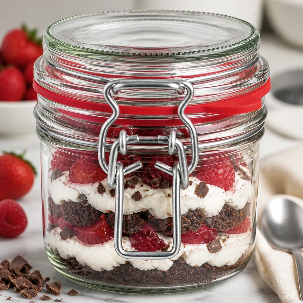 255ml Vorratsglas Typ G mit Bügelverschluss UN.. 255ml Bügelverschlussglas als Dessertglas mit Schichtdessert aus Beeren, Sahne und Schokolade dekorativ serviert