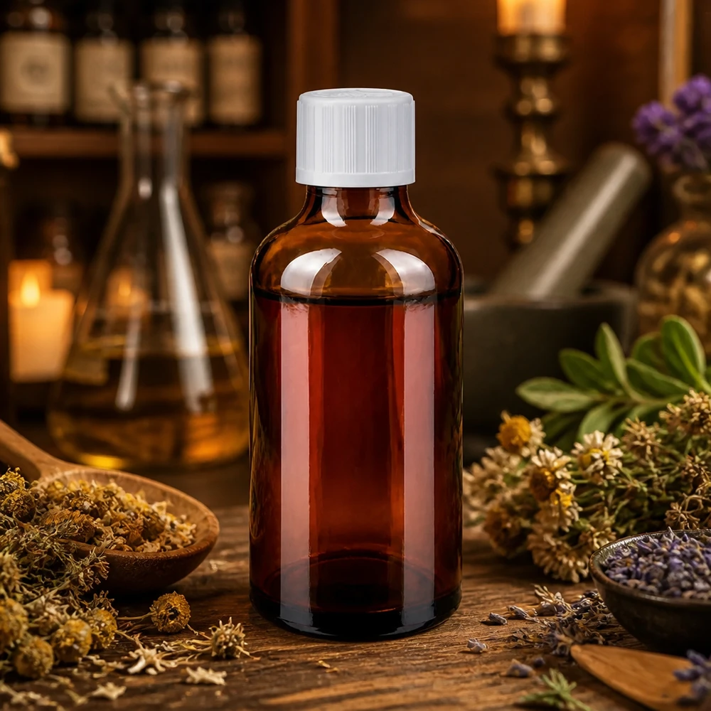 Apothekenglasflasche 50ml Braunglas mit kindersicherem Tropfverschluss 1,2mm auf rustikalem Holztisch
