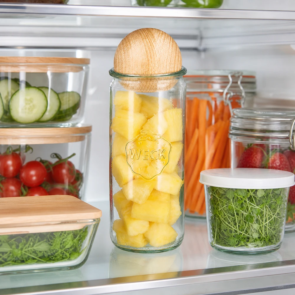 WECK Zylinderglas 1040ml RR80 mit Buchenkugel zur Lebensmittelaufbewahrung im Kühlschrank mit Ananas