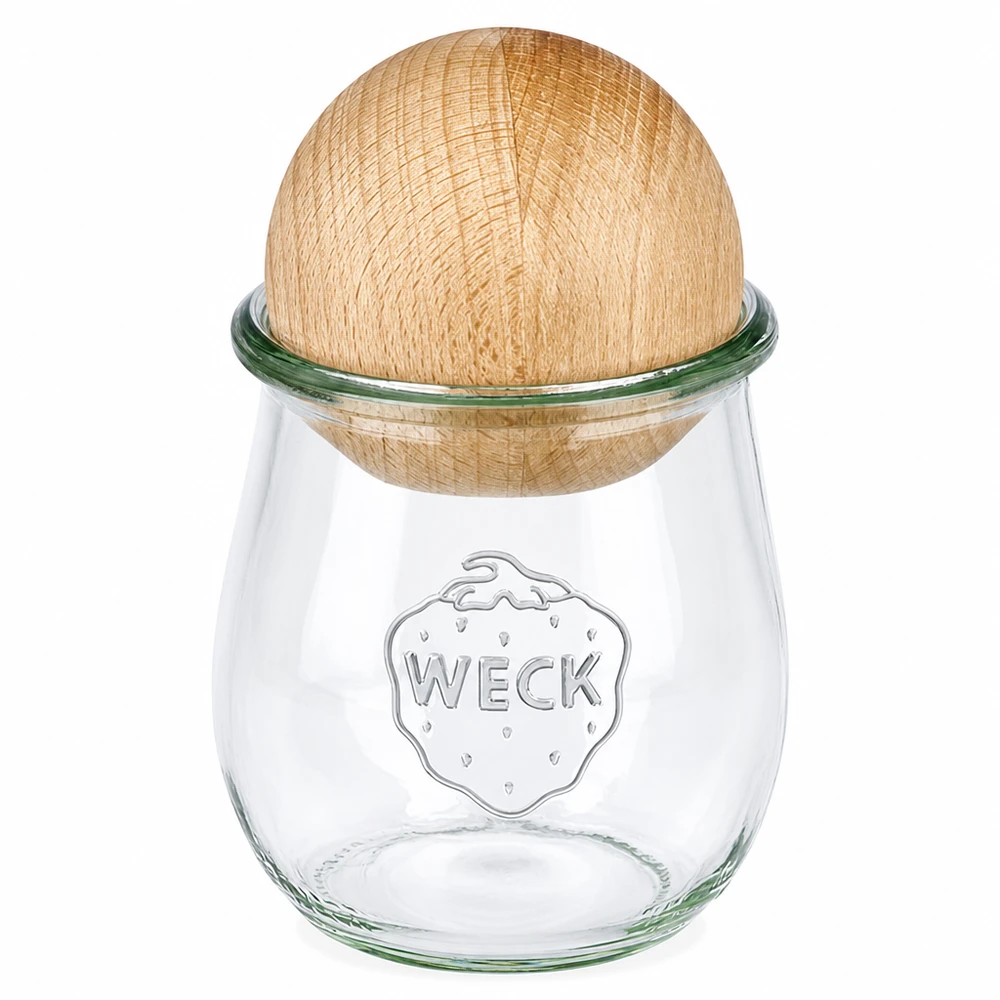 WECK Tulpenglas 220ml RR60 mit natürlicher Buchenkugel als Deckel, klares Einmachglas mit Holzverschluss