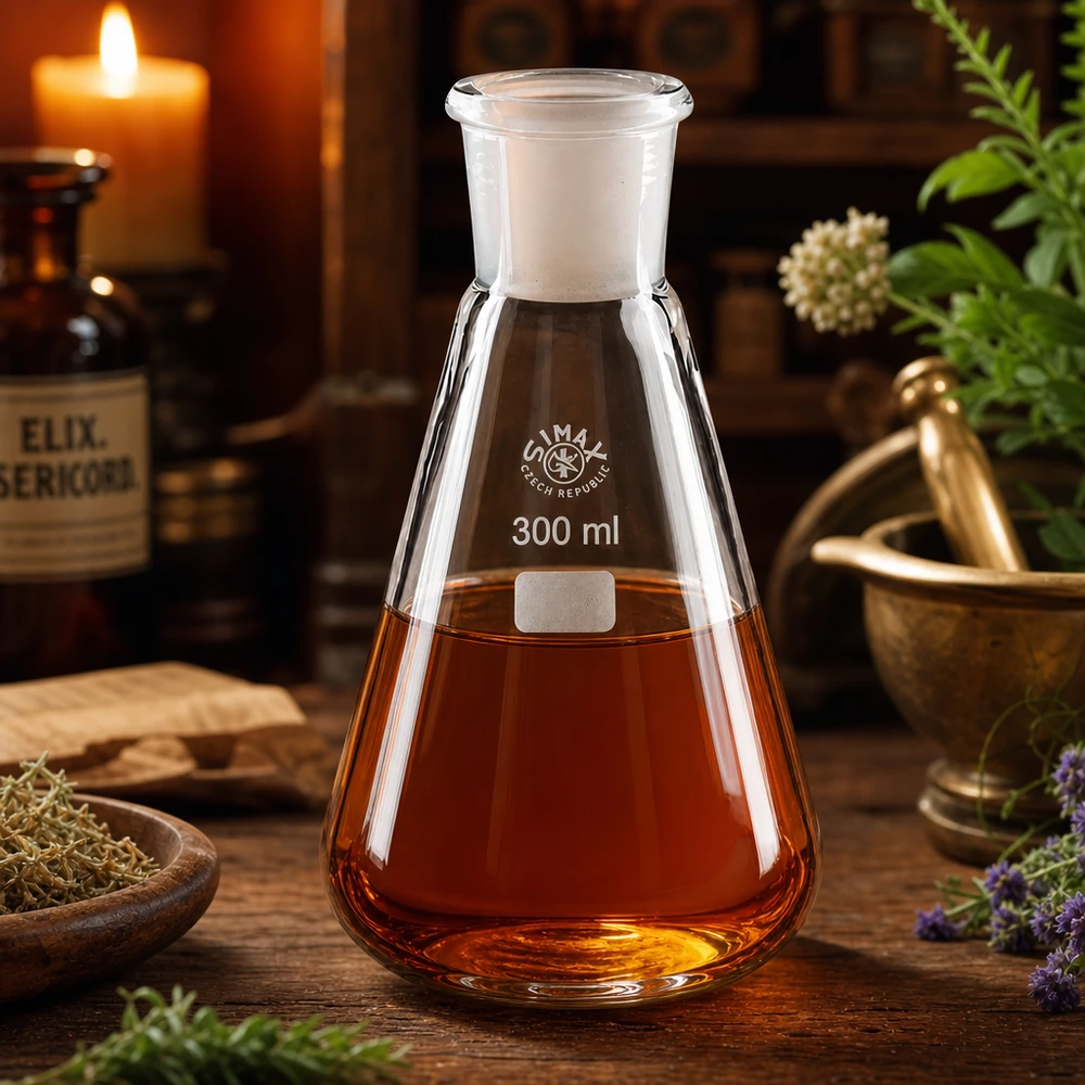 Erlenmeyerkolben 300ml mit Normschliff (29/32) Erlenmeyerkolben 300ml Glaskolben mit Schliff 29/32 auf Holztisch mit Kerze und Pflanzen dekoriert
