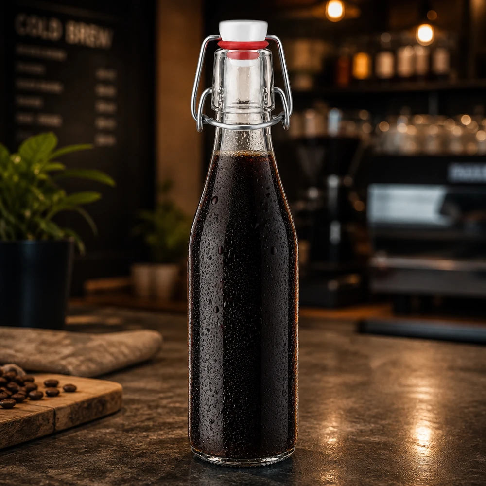 250ml Glasflasche und Bügelverschluss PVC UNiTWIST 250ml Glasflasche mit Bügelverschluss gefüllt mit dunkler Flüssigkeit, Kondensation zeigt Frische, Küchen-Ambiente