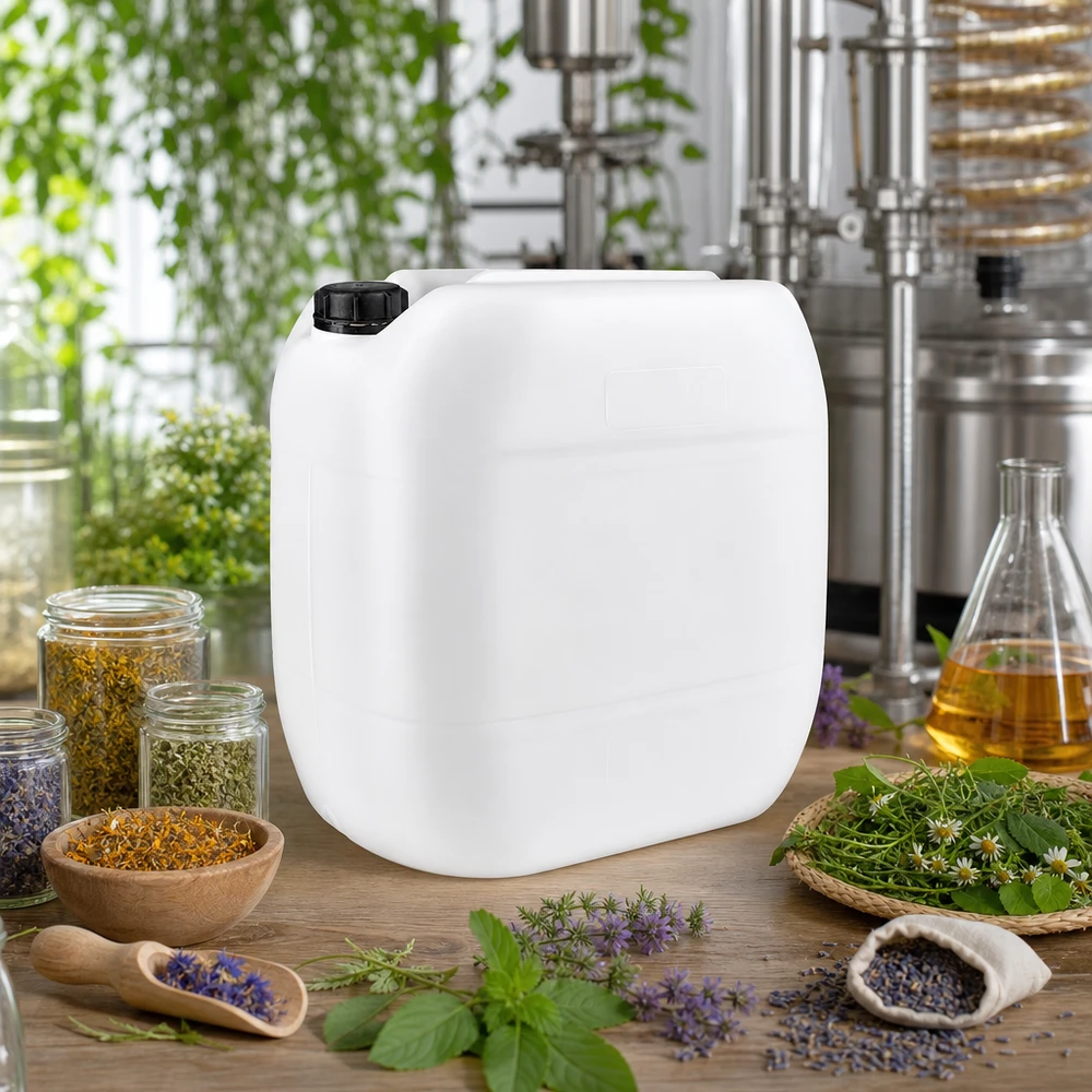 Kanister 30 Liter mit Schraubverschluss Originalitätsverschluss Robuster Flachkanister 30L weiß mit OV-Verschluss in botanischer Laborumgebung