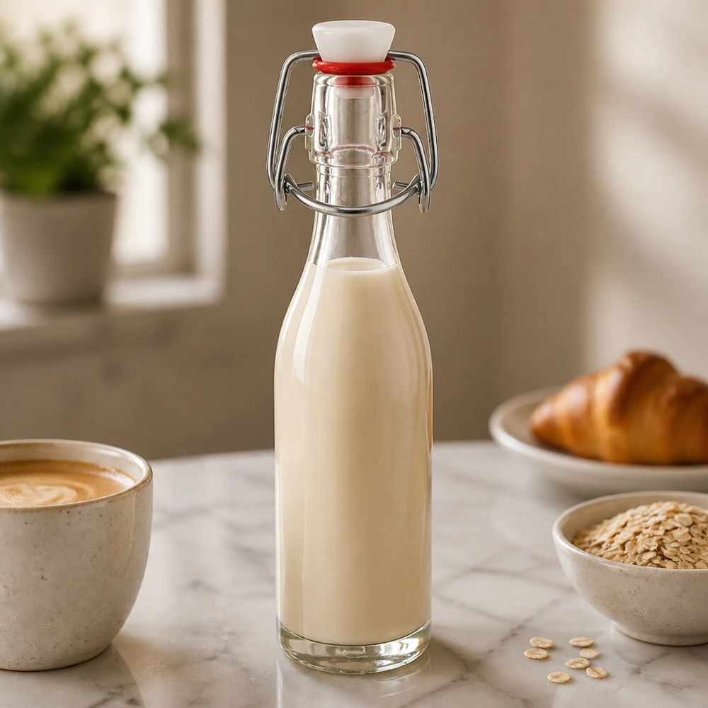 50ml Glasflasche mit Bügelverschluss gefüllt mit Hafermilch in gemütlicher Küche neben Kaffeetasse und Haferflocken