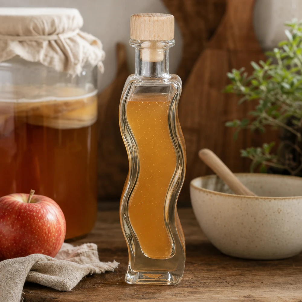 100ml Glasflasche Melissa mit Honig befüllt neben Apfel und Mörser rustikale Küchendekoration Holzkorken