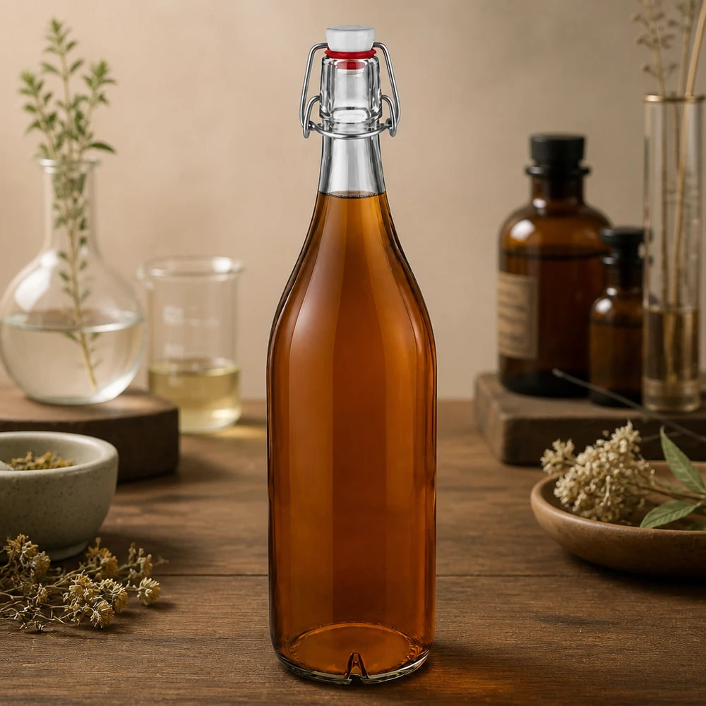 1000ml Glasflasche Bügelverschluss PVC bernsteinfarben mit Kräutertee gefüllt natürliche Dekoration Holztisch
