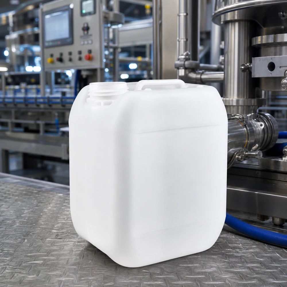 Leerer weißer Industriekanister 5 Liter ohne Verschluss auf geriffelte Metallplatte