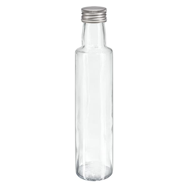 250ml Schraubflasche rund glasklar mit silber Verschluss 250ml Schraubflasche rund glasklar mit silber Verschluss