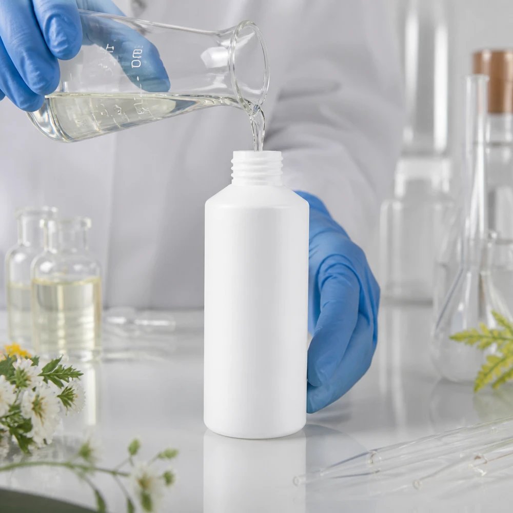 Laborant füllt weiße HDPE Apothekerflasche 100ml mit klarer Flüssigkeit aus Erlenmeyerkolben