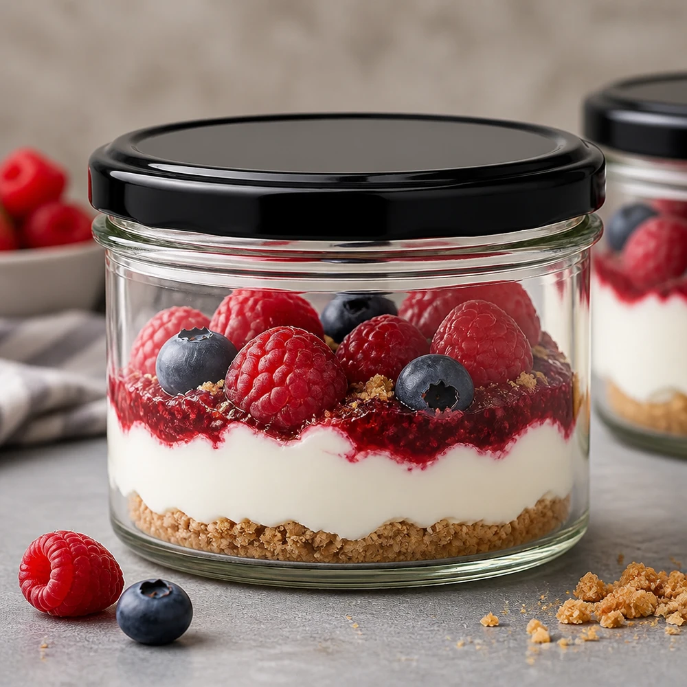 225ml Sturzglas mit BasicSeal Deckel schwarz UNiTWIST 225ml Sturzglas mit schwarzem Deckel als Dessertglas für Beeren-Tiramisu - perfekt für Schichtdesserts und Süßspeisen