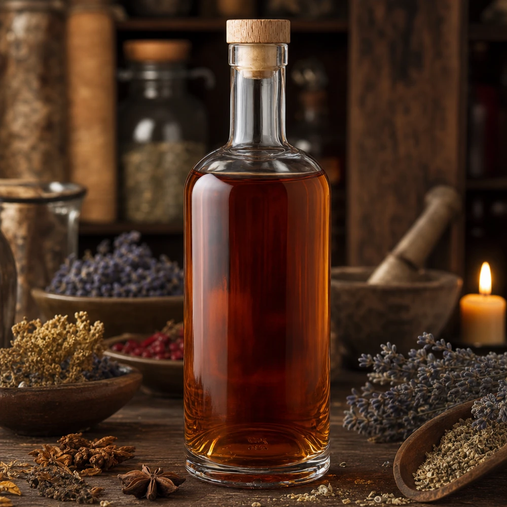 750ml Glasflasche "Attila" mit Holzgriffkorken UNiTWIST® 750ml Glasflasche Emma mit Holzkorken gefüllt mit bernsteinfarbener Flüssigkeit in rustikaler Kräuter-Gewürz-Atmosphäre