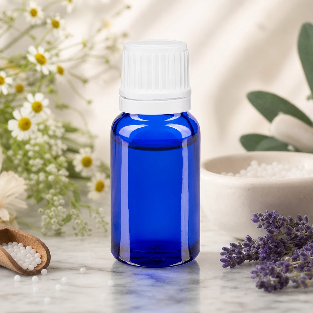 Kompakte Apothekerflasche 10ml in Blau mit OV-Verschluss für Homöopathie und Naturheilkunde