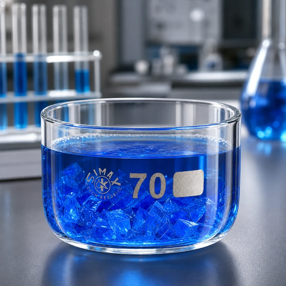 100ml Kristallisierschale ohne Ausguss Borosilikat ø70mm 100ml Borosilikatglas Kristallisierschale mit blauen Kristallen und Lösung Laboranwendung Chemie