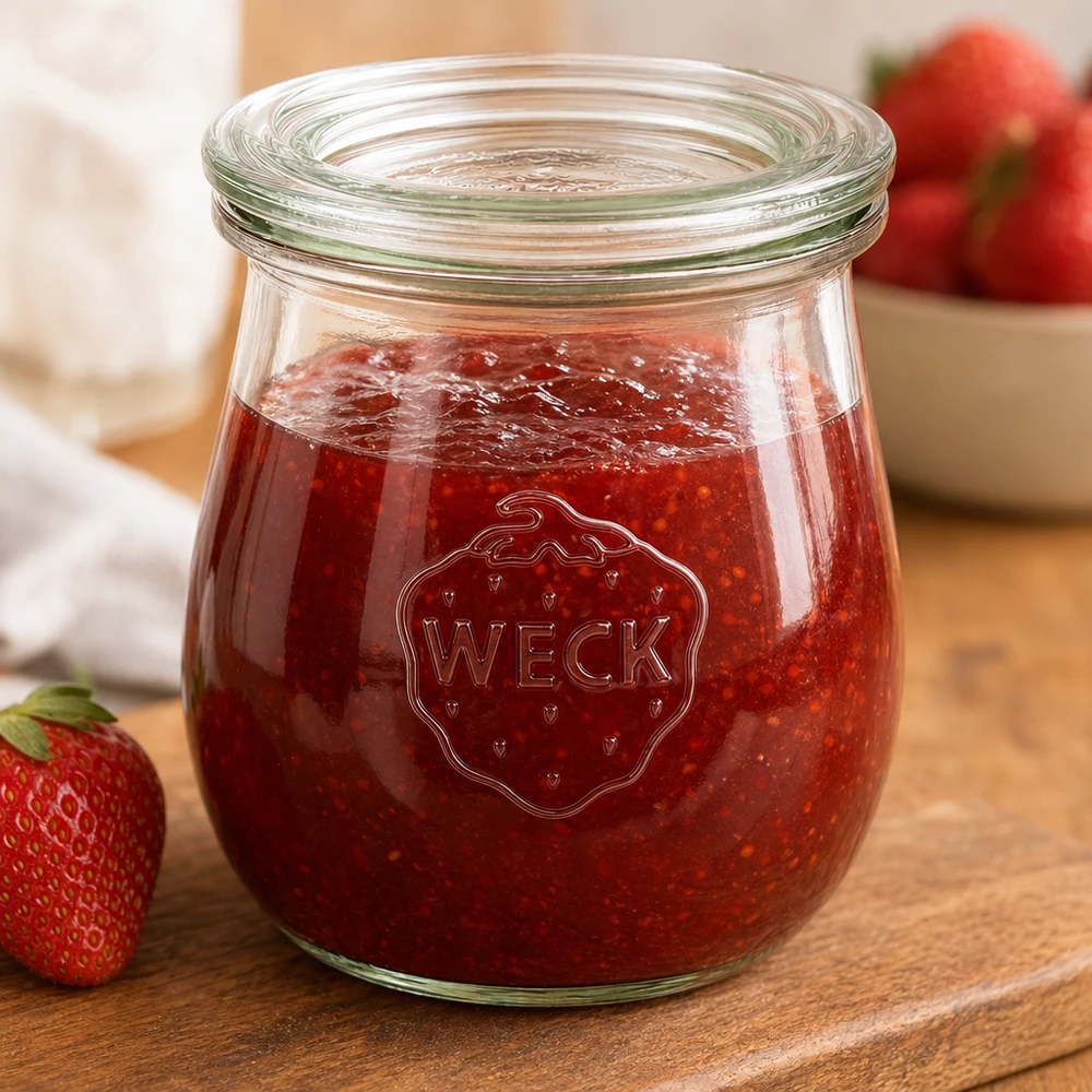 220ml Tulpenglas mit Glasdeckel WECK RR60 WECK Tulpenglas 220ml gefüllt mit Erdbeermarmelade auf Holzbrett mit frischen Erdbeeren im Hintergrund