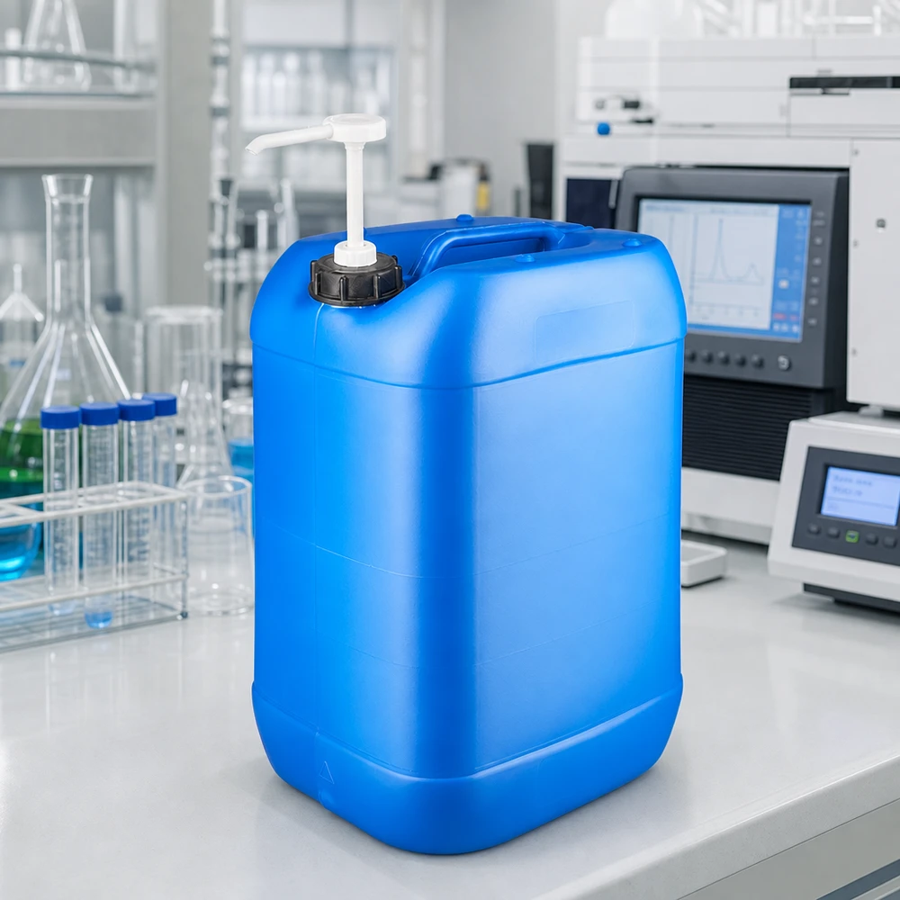 HDPE Kunststoffkanister 25L blau mit integriertem Tragegriff und Dosierpumpe für Chemikalien