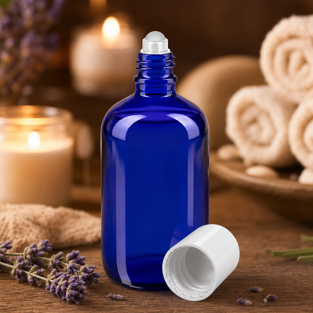 Apothekenflasche blau 100ml Roll-On Verschluss weiß Kobaltblaue 100ml Roll-On Glasflasche mit Stahlkugel für Aromatherapie und ätherische Öle