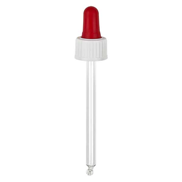 Glas-Tropfpipette weiß/rot 18mm PL85 Standard Glas-Tropfpipette weiß/rot 18mm PL85 Standard