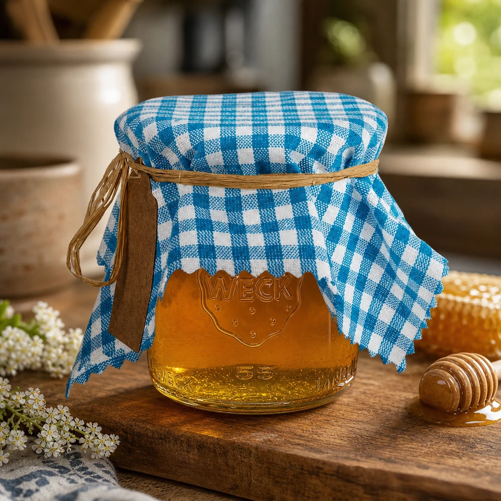 Stoff Schmuckdeckchen türkis-kariert 15cm eckig Türkis-weißes kariertes Stoffdeckchen auf Honigglas mit Holzdipper und weißen Blüten auf rustikalem Holzbrett