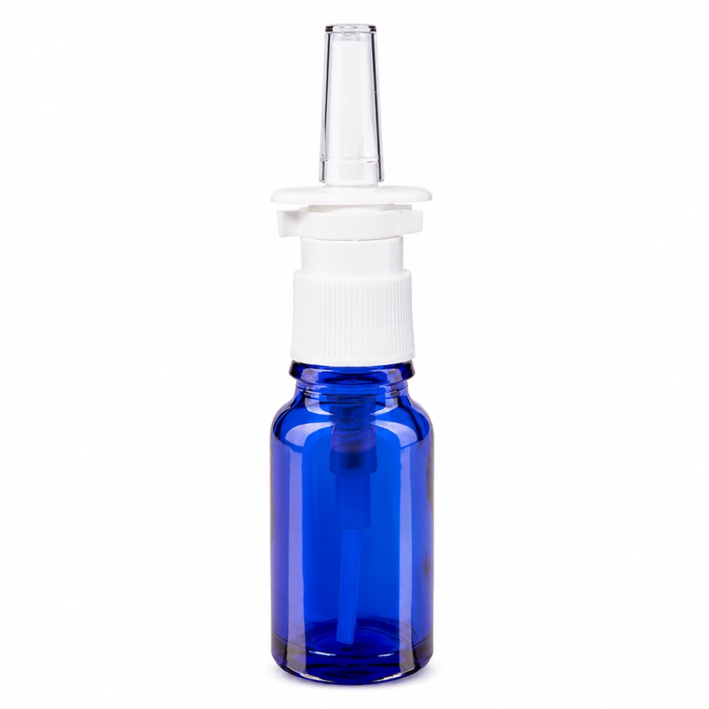 Apothekenflasche blau 10ml Nasenzerstäuber weiß Standard Kleine blaue Nasensprayflasche 10ml aus hochwertigem ApoGlas mit Sprühpumpe