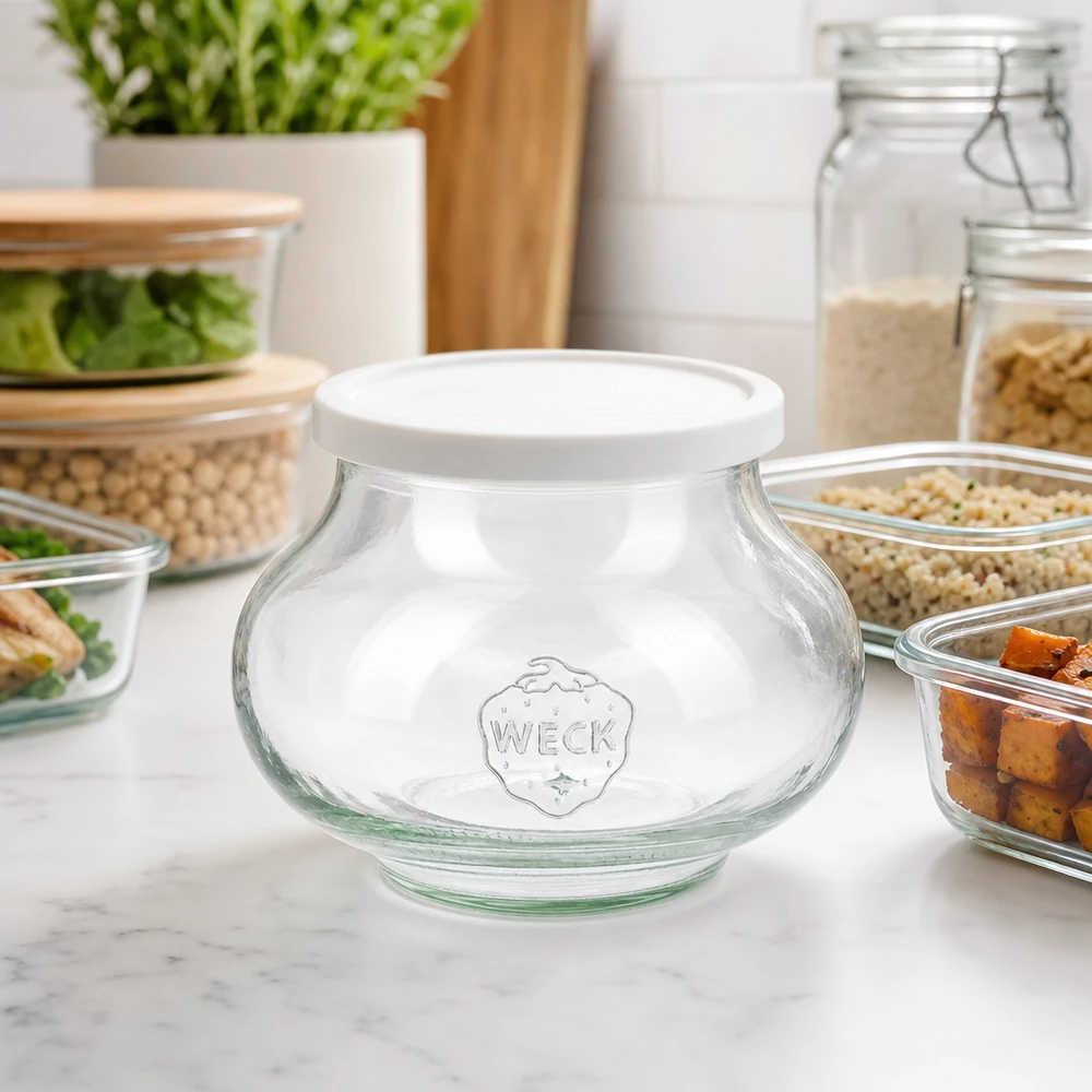 WECK Schmuckglas 560ml RR80 in modernem Küchenambiente mit Vorratsdosen und Frischhaltebehältern aus Glas