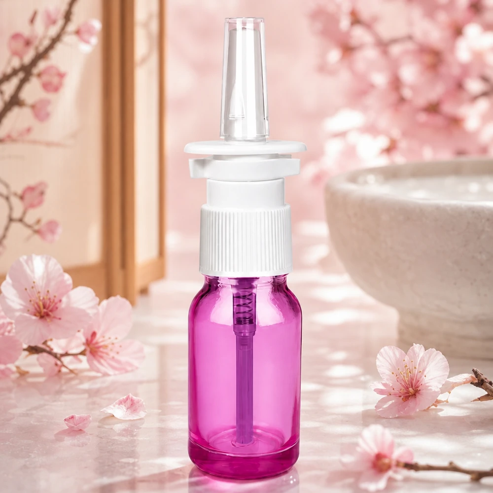 10ml Nasensprayflasche weiß/transparent Standard PurpleLine. UT18/10 10ml Nasensprayflasche in trendigem Purple Light Design mit ergonomischem Sprühmechanismus