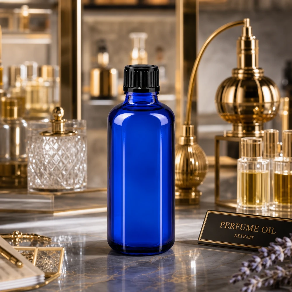 Apothekenflasche blau 50ml Tropfverschluss 1mm schwarz Standard Kobaltblaue 50ml Glasflasche mit 1mm Tropfverschluss zwischen goldenen Parfümflakons