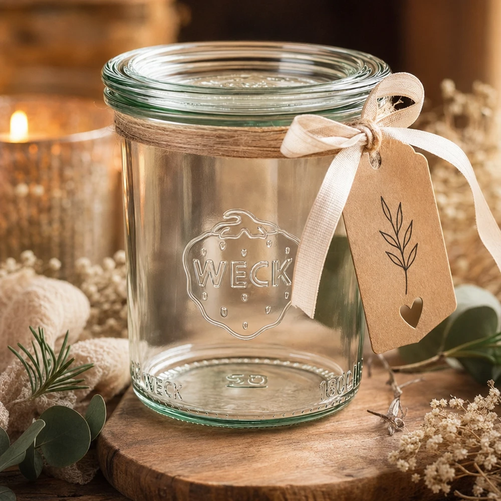 WECK Sturzglas RR60 160ml als Geschenkverpackung mit Anhänger und Band in gemütlicher Atmosphäre mit Kerze