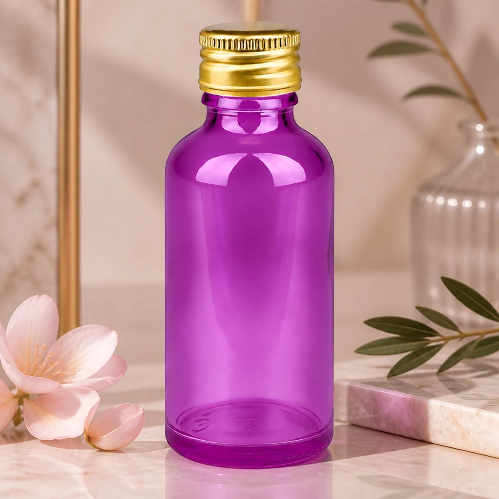 50ml Flasche 11mm Schraubverschluss Alu-Gold Standard PurpleLine. UT18/50 Stilvolle 50ml Violettglas-Flasche mit edlem Gold-Design für exklusive Beauty-Anwendungen