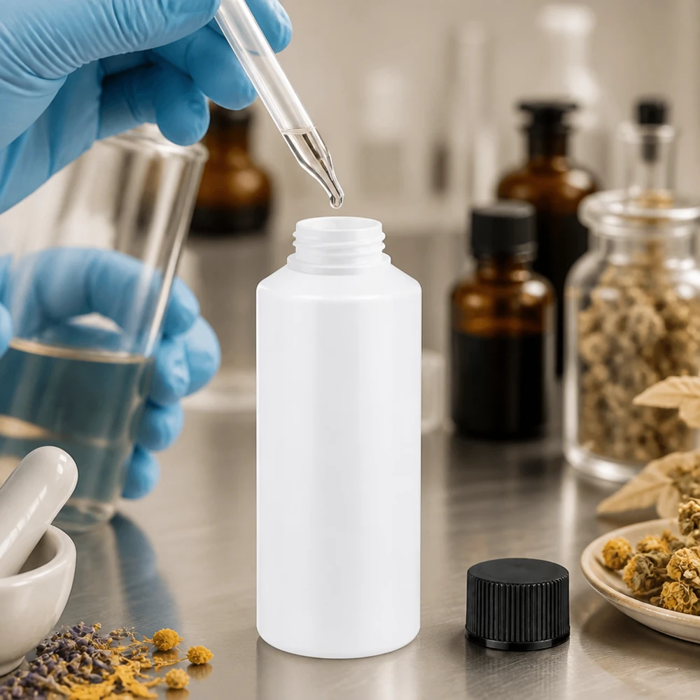 Apothekenflasche HDPE 100ml weiß, mit schwarz Schraubverschluss HDPE Rundflasche 100ml weiß mit schwarzem Schraubverschluss für Flüssigkeiten