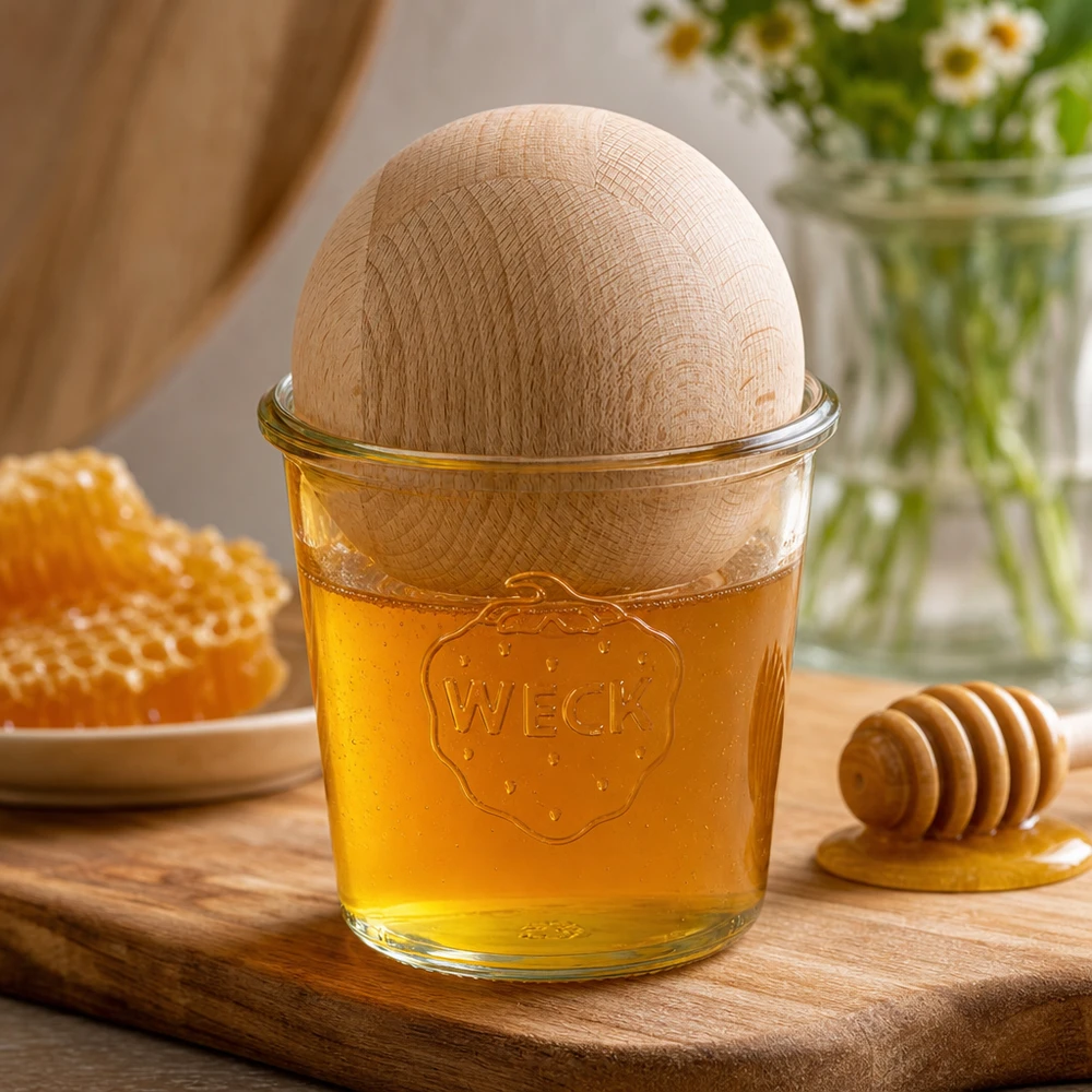 WECK Sturzglas RR100 580ml mit Holzkugel Buche gefüllt mit Honig auf Holzbrett neben Wabe und Honiglöffel