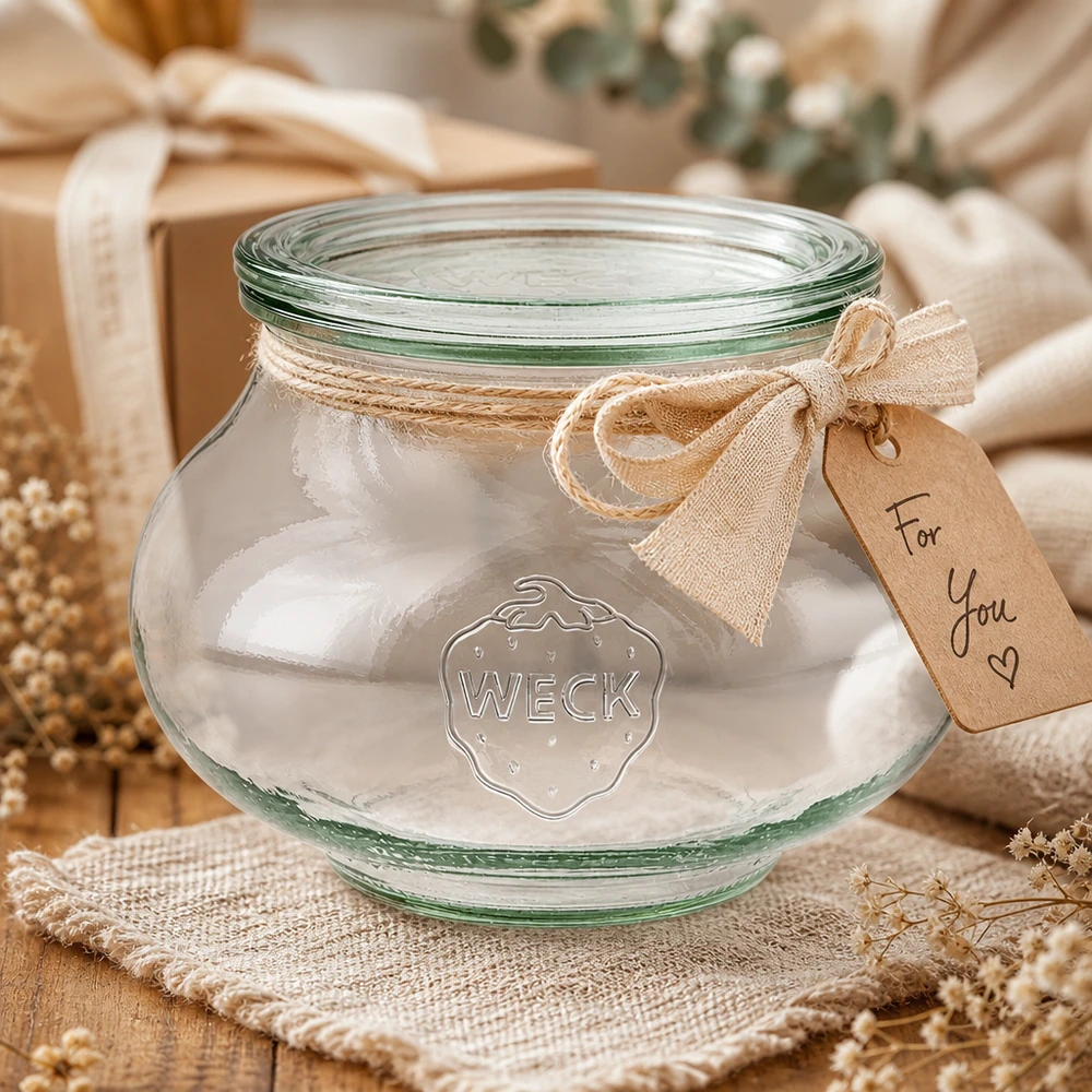 WECK Schmuckglas 1062ml als Geschenkidee mit Schleifenband und Anhänger in festlicher Verpackungsdekoration