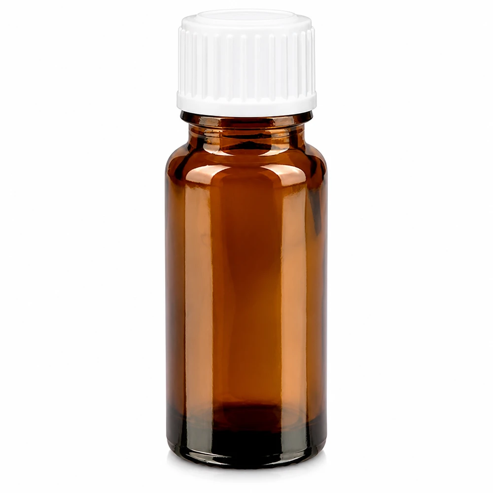 Kleine Braunglasflasche 10ml mit kindersicherem weißem Schraubverschluss für Tropfen